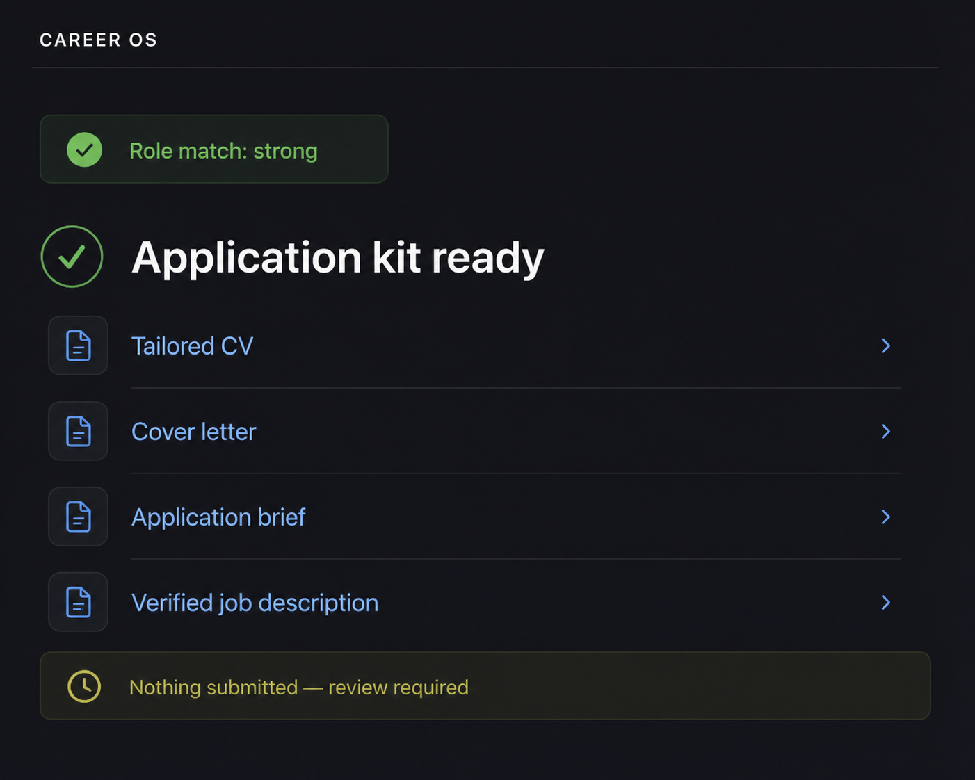 A cropped Career OS chat showing evidence-based job matching and a tailored CV, cover letter, application brief, and verified job description.